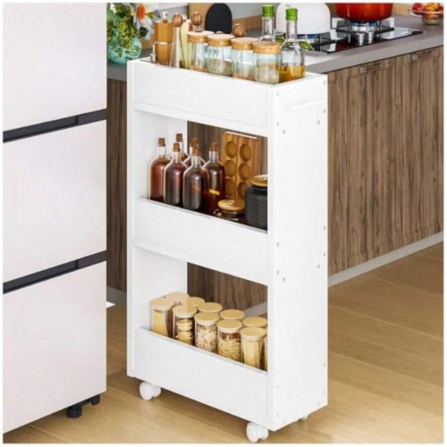 Storage CartsCarrito Organizador Delgado de 3 Niveles con AsaCarritos Organizador con Ruedas Cocina Pequeño para Lugares Estrechos Carrito Auxiliar para Espacios Reducidos Color Blanco - Blanco - Ver 1