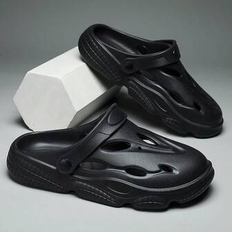 男士时尚新款纯色沙滩运动鞋，EVA（乙烯-醋酸乙烯酯共聚物）镂空情侣透气凉鞋，适合度假、户外、室内、四季穿着，增高、防滑、防臭，花园鞋