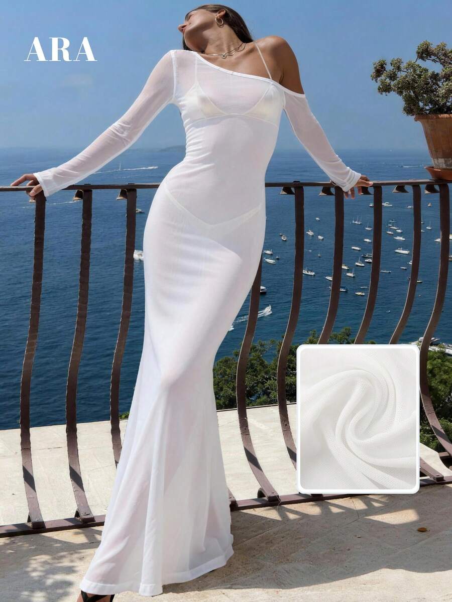 ARA CHIC Women's White Long Sleeve Backless Sheer Maxi Dress, Can Be Paired With Matching Bikini As Sexy Beach Cover-Up, Creating Beach Vacation Vibe, 2026 Spring/Summer New Arrival - White - View 1