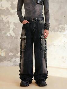 1件美式复古废土风格解构多口袋黑色宽松阔腿工装牛仔裤。（不含腰带和配饰） - 黑色 - 查看 3