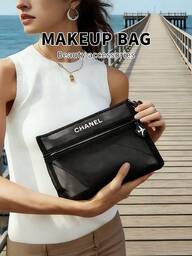 CHANEL 女士黑色网眼手拿包，化妆包，旅行收纳包，简约便携，可折叠黑色网眼储物袋，适合日常通勤和旅行，是送给女性的绝佳礼物。