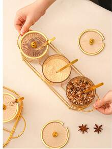 3PCS/Set Luxury Seasoning Jar Kitchen Storage Multifunctional Oil Salt & Spice Container Set With 3 Jars And A Spoon For Home Kitchen For Salt, Coffee Bean - Multicolor - View 2