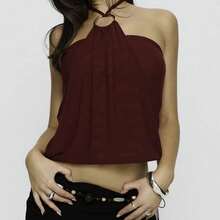 Women Y2K Halter Tank Top Sleeveless Backless Draped Front Going Out Tops Solid Color Back Tie Up Crop Vest Tops Summer Party Club Streetwear Rave Outfit Concert Outfit  Valentines Clothes  Beach Vacation Outfits - Màu Đỏ Sâu - Xem 9