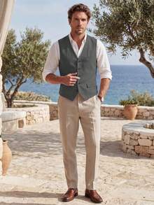 Mens Vests Breathable Cotton Linen Vest V Neck Summer Beach Wedding Party Groomsmen Casual Waistcoat Outfits Tuxedos - 灰色 - 查看 8