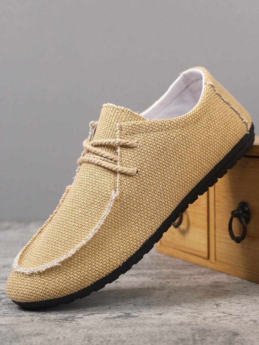 Spring New Men's Shoes, Men's Linen Canvas Shoes, Casual Lace-Up Lightweight Daily Work Shoes - Khaki - View 1