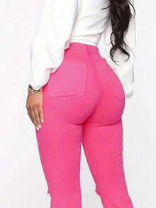 Pantalón acampanado rosa neón con diseño roto y corte acampanado atrevido y juvenil, adecuado para mujer Ropa de mujer de moda cintura alta, temperamento americano, diseño de personalidad, rodillas rotas, pelo rizado, pantalones vaqueros de campana, pantalones ajustados elásticos, pantalones delgados - Rosa Fucsia - Ver 4