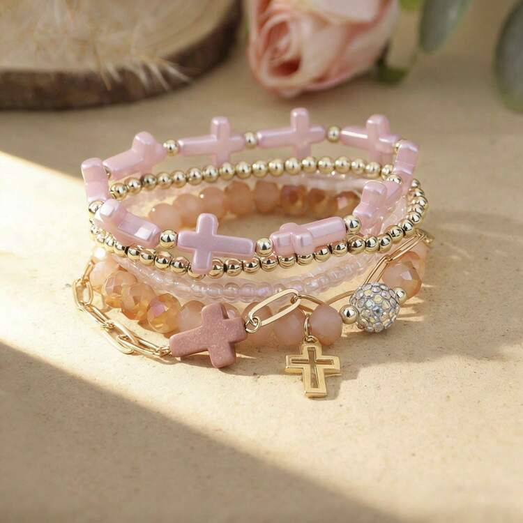 7-Piece Bohemian Vacation-Style Cross Bowknot Crystal Bead Bracelet Set, Suitable For Ladies To Wear During Vacations And Music Festivals - Multicolor - View 15