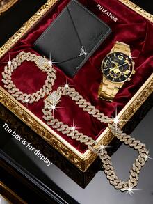 Set de 2 piezas Reloj de lujo de hombre con simulación de cuarzo y cartera - Correa de reloj negra, cartera con compartimento para efectivo - Regalo ideal para Navidad, San Valentín, cumpleaños - Esencial diario práctico y de moda (Movimiento de cuarzo a batería), Adecuado para hombres - Negro - Ver 9