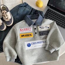 2-6 Years Old Boys' Denim Collar Sweatshirt, Spring New Fashionable Casual Comfortable Polo Shirt Sweatshirt - Grey - View 5
