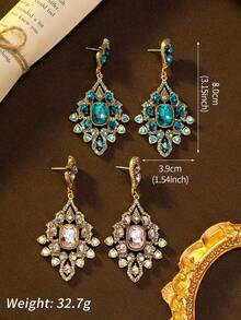 1 Pair Of Vintage Rhinestone-Encrusted Hollow Diamond-Shaped Earrings, Elegant And Retro, Suitable For Daily Wear By Women, Perfect Gifts For Girlfriends And Mothers, And Ideal Accessories For Dance Parties - Pink - View 4