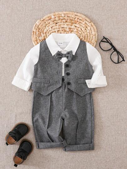 3ชิ้น ชุดสูทสุภาพบุรุษเด็ก สไตล์วินเทจอังกฤษ: เสื้อเชิ้ตแขนยาวสีขาว, เสื้อกั๊ก, และกางเกงขายาวทรงตรง, เหมาะสำหรับงานแต่งงาน, การแสดง, วันหยุด, และโอกาสที่เป็นทางการ