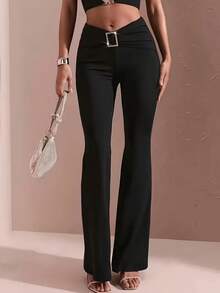 优雅的黑色喇叭裤，饰有荷叶边细节，高腰修身设计，尽显女性魅力。 - 黑色 - 查看 7