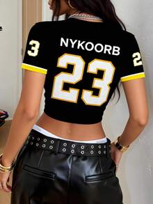 LOVE JOYY Women's Black Round Neck T-Shirt, Streetwear Cool Style, Letter & Number Graphic, Ideal For Casual Outings, Street Snap & Parties - Multicolor - View 3