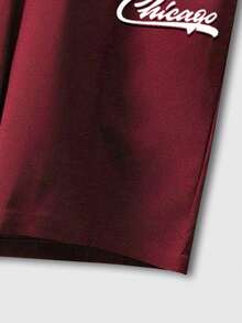 Set de 2 piezas con top de manga corta con estampado de letra en cuello de béisbol y shorts, conjunto deportivo casual - Rojo - Ver 4