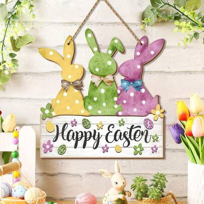 1个彩色木质兔子挂牌，复活节快乐标牌，复活节彩蛋图案斑点兔子墙/门装饰，农舍风格室内/室外装饰，春季兔子木质花环，适合复活节派对装饰、节日家居装饰、咖啡馆/面包店花环