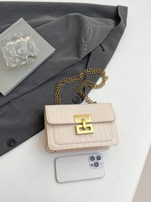 1pc Women's New Fashion Vintage One Shoulder Bag, Metal Chain Lightweight Crossbody Bag, PU Material, Casual Flap Square Bag, Crocodile Skin Bag, Girl Shopping Bag, Suitable For Women's Daily Commute, Compact And Portable - White - View 6