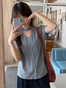 Women's Striped Front Button Pocket Casual Vacation Shirt - Blue Stripes - View 1