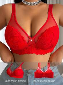 Plus Size Women Fashion Lace Patchwork Wireless Bra - Red - View 1