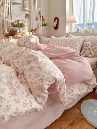 3pcs Thickened Polyester Simple Floral Print Bedding Set, Suitable For Boys, Girls, Dorm, Bedroom, Zipper Closure, All Season, Soft & Breathable, Fit For Twin, Full, Queen, King Bed, Machine Washable (1 Duvet Cover, 2 Pillow Shams, No Filler)