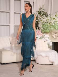 New Fashionable Fringed Maxi Dress, Rhinestone Embellished Slimming Sexy Long Dress, Suitable For Women's Wedding, Festival Party, Formal Dinner Gown - Teal Blue - View 7