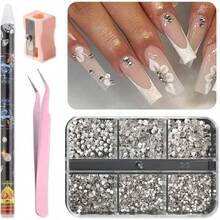 Nail Art Rhinestones Kit Flat - Back Round Glass Crystals Gems With Pick Tweezers And Nail Picker Manicure Nails Supplies Crafts Decorations - Thông thoáng - Xem 3