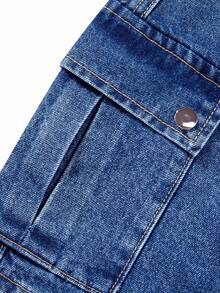 女士夏季休闲束口腰带工装口袋牛仔迷你裙 - 深色水洗藍 - 查看 5