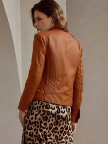 女士PU皮夹克 - 优雅简约的秋季风格，配有腰带、口袋和拉链，是一款女士冬季皮夹克 - 棕色 - 查看 3