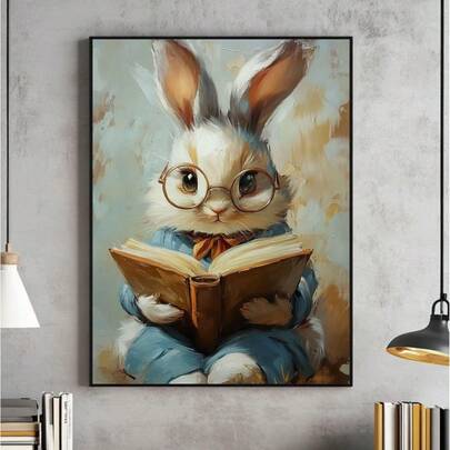 1幅“可爱的复活节兔子读书油画帆布壁画 - 防水、可悬挂帆布材质！一只戴着眼镜的迷人兔子正在读书。适合家居装饰、房间装饰、卧室装饰、客厅装饰、浴室装饰和墙面装饰。提供带框版本。”