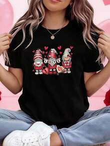 [Holiday Special] Valentine's Day Heart Elf LOVE Pattern T-Shirt - Women's Casual Crew Neck Short Sleeve Top, Vibrant And Fun, Suitable For Casual Outings, Dates, Holiday Gifts, Meeting Friends And Vacation Outfits - Black - View 7