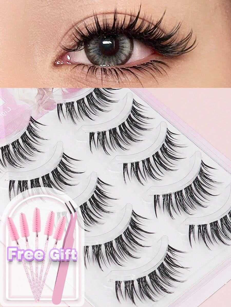 5 Pairs Of Natural False Eyelashes Fluffy And Soft 3D Mink Eyelashes Long Silky Eyelashesdaily Work Meetings Natural False Eyelashes Comfortable To Wear With Eyelashes Hand-Made Wing Elongated Natura Full False Eyelashes Free Eyelash Tweezers And Eyelash Brushes - 黑色 - 查看 1