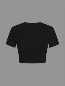 [Vintage Cash Tee] Y2K Vintage Style Cash Apology Letter Print Crew Neck Tee | Short Sleeve Crop T-Shirt For Spring & Summer, Women's Clothing, Women's Short Sleeve Ribbed Crop Tee –, Lightweight & Versatile For Everyday Wear - 黑色 - 查看 3