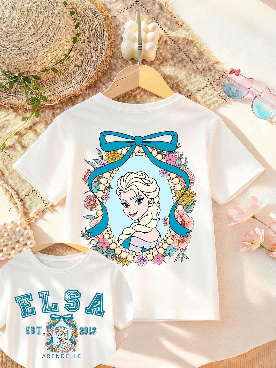 Disney Apparel, Featuring A Double-Sided Print Of Disney's Princess Elsa On This Girls' T-Shirt. This Soft, Breathable Short-Sleeve Crew Neck Tee Is Perfect For Spring And Summer Wear, Ideal For Everyday Outfits, Vacation Leisure, Outdoor Adventures, School Life, And Shopping Trips. It Also Makes An Excellent Gift For Boys And Girls Alike. Every Child Deserves One. - 白色 - 查看 1