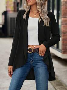 Casual Open Front Cardigan For Women Classic Knit Sweater Long Sleeve Solid Color Outerwear For Spring Office And Travel - 黑色 - 查看 2