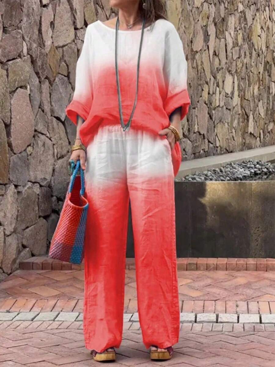 2026 Moda Mujer Conjunto Degradé 2 Piezas Fresco y Moderno Set Árabe Modesto Vestido y Pantalón - Rojo - Ver 1