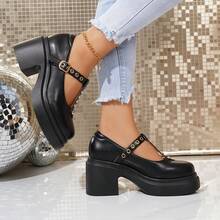 Women's Retro Mary Jane Pumps, Thick Heel, Waterproof Platform, Studded, British Style Leather Shoes - Black - View 7