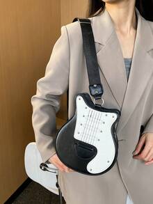 1pc Fashion Guitar Shaped Crossbody Bag | Versatile Colorblock, Adjustable Shoulder Strap Sling Bag | Polyester Lining | Zipper Closure - Multicolor - View 1