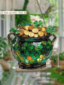 2D Flat Acrylic Four-Leaf Clover Golden Dreamcatcher Planter - 10cm X 10cm Window Hanging, St. Patrick's Day Theme Decoration, Perfect For Living Room, Patio, Garden, And Office, Ideal Gift For Mom And Family, Perfect Garden And Patio Decoration - Multicolor - View 5