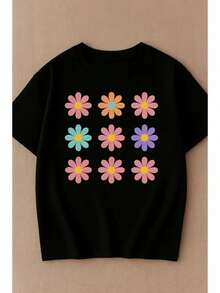 Set Of 3 Girls' T-Shirts With Minimalist And Casual Floral Prints, 100% Cotton, Girls' Blouse, Spring/Summer. - 白色 - 查看 3