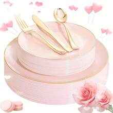 50Pcs Pink & Gold Plastic Dinnerware Set - Elegant Disposable Plates With Gold Trim, Includes 10 Gold Plastic Forks, Knives & Spoons, 10 Heavy-Duty 10.25" Dinner Plates & 10 7.5" Dessert Plates - Perfect For Weddings, Parties, Holidays & Family Gatherings - 彩色 - 查看 1
