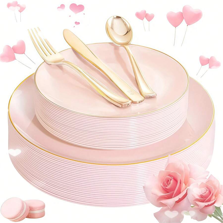 50Pcs Pink & Gold Plastic Dinnerware Set - Elegant Disposable Plates With Gold Trim, Includes 10 Gold Plastic Forks, Knives & Spoons, 10 Heavy-Duty 10.25" Dinner Plates & 10 7.5" Dessert Plates - Perfect For Weddings, Parties, Holidays & Family Gatherings - 彩色 - 查看 1