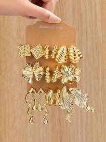 6/18pcs Gold Metal Texture Earring Set. [Square, Rhombus, Beaded, Spiral/Seashell, 5-Petal Flower, Wave/Teardrop, Leaf Designs.] Natural/Geometric Elements Combination. Elegant And Chic Style. Suitable For Travel, Vacation, Party, Date, Daily Wear.