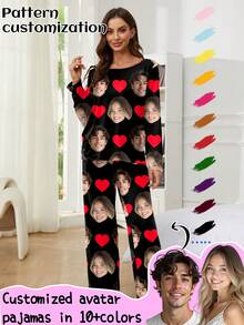Customized Women's Pajama Set With Unique Big Head Photo Or Couple Face Replacement, Festive Atmosphere