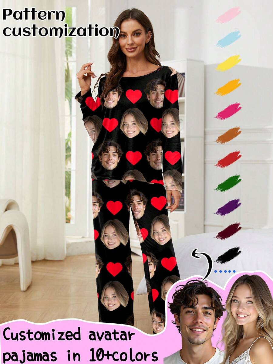 Customized Women's Pajama Set With Unique Big Head Photo Or Couple Face Replacement, Festive Atmosphere