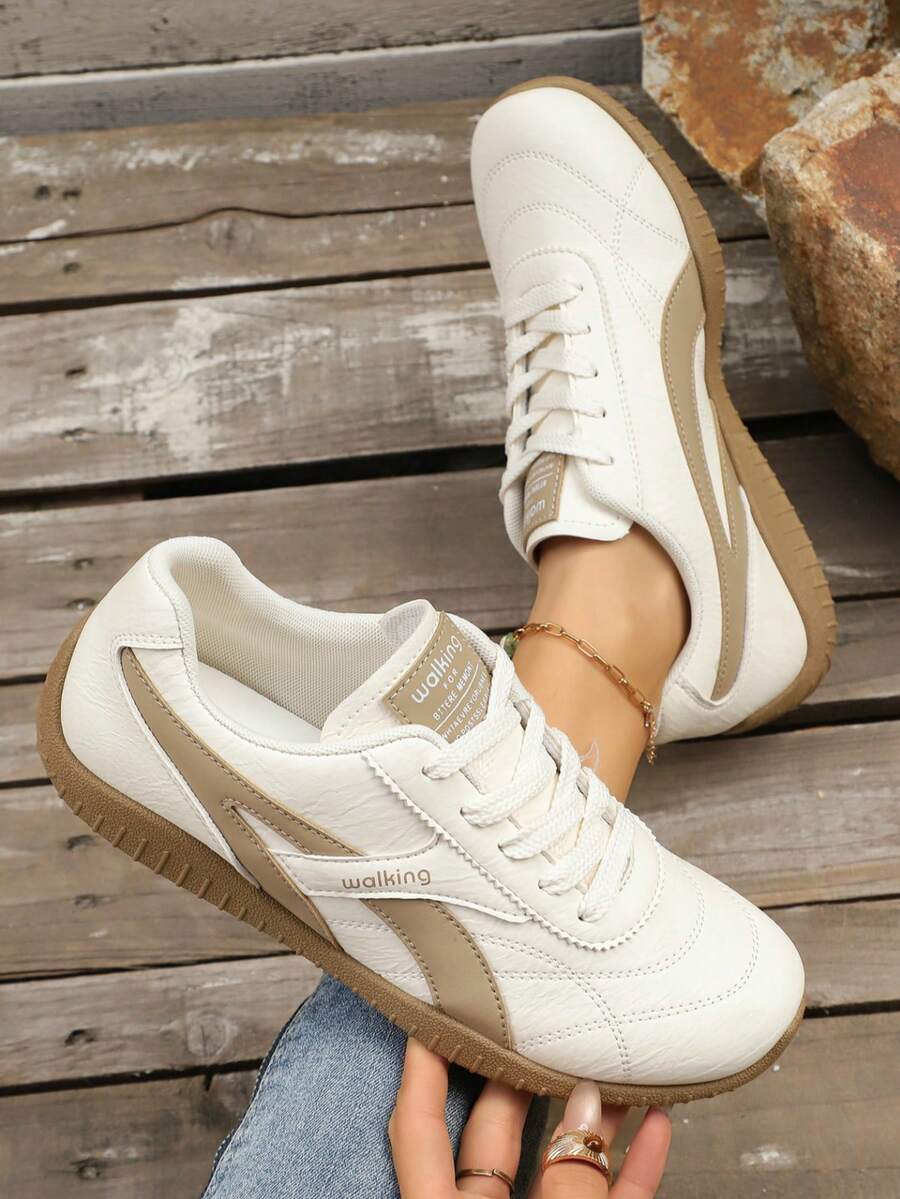 春秋新款休闲卡其色真皮系带多功能时尚女鞋，舒适运动风，大码尺码