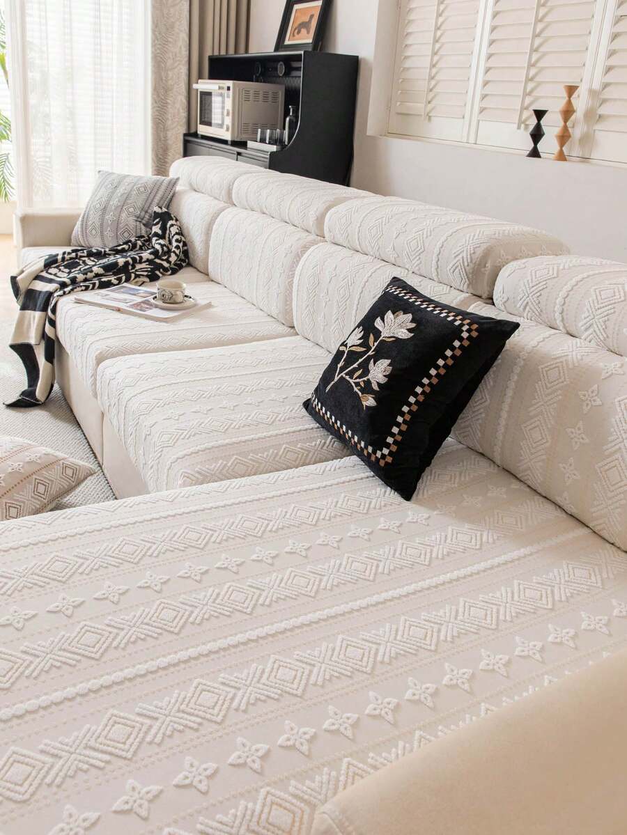 1pc Plush Bohemian Sofa Slipcover, High-End Anti-Slip Living Room Couch Cover Cushion, Machine/Hand Washable, Pet Friendly, Suitable For All Seasons, Home, Kitchen, Bedroom, Office Use - Beige - View 1
