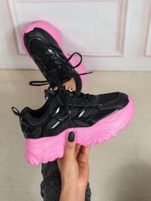 Black Leather Women's Sneakers, Minimalist And Fashionable Design With Pink Thick Soles, Suitable For All Seasons, Unisex Couple Shoes, Thick Soles, Height Increasing, Non-Slip, Comfortable And Versatile, Platform Wedge Sneakers, Ideal For Holiday Gifts And Parties. - Black - View 3