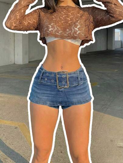 Women's Denim Skort Mini Shorts With Zipper Detail Belted Design Medium Stretch Fabric Casual Style