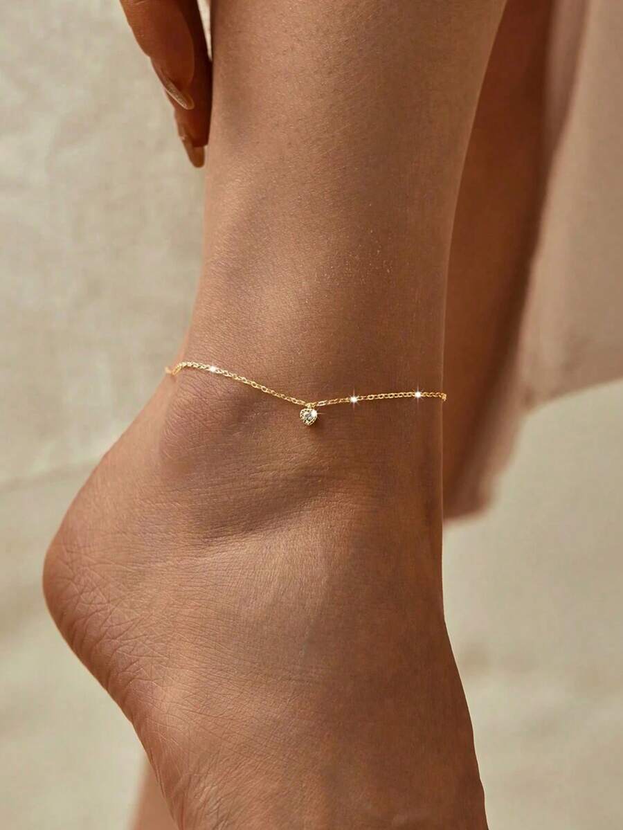 1pc S925 Sterling Silver Romantic Single Heart Cubic Zirconia Inlaid Anklet, Versatile & Elegant Everyday Wear, Heart-Shaped Anklet Gift - Love - View 1