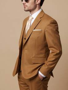 3 Piece Men's Suit, Formal Blazer Vest Pants Modern Fit Office Wedding Event Suits For Men - 駝色 - 查看 4