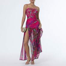 Women's Tube Top Dress Slim Strapless Backless Mesh Patchwork Tropical Leopard Print High Slit Long Dress for Party Club Night - Morado - Ver 7